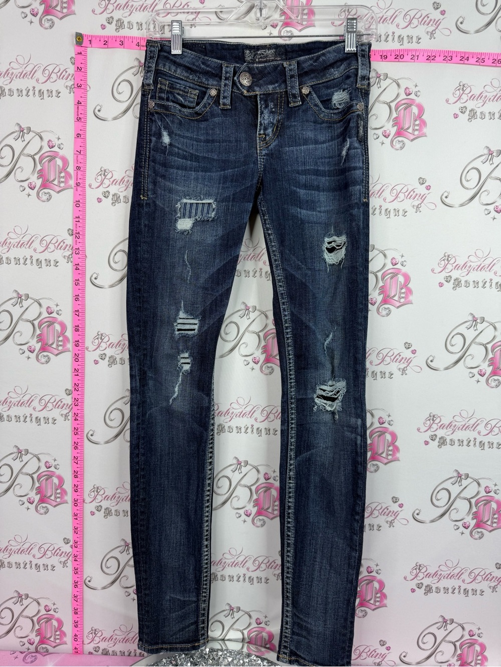 Silver Jeans y2k pants rips Distressed Dark Blue Skinny Jeans